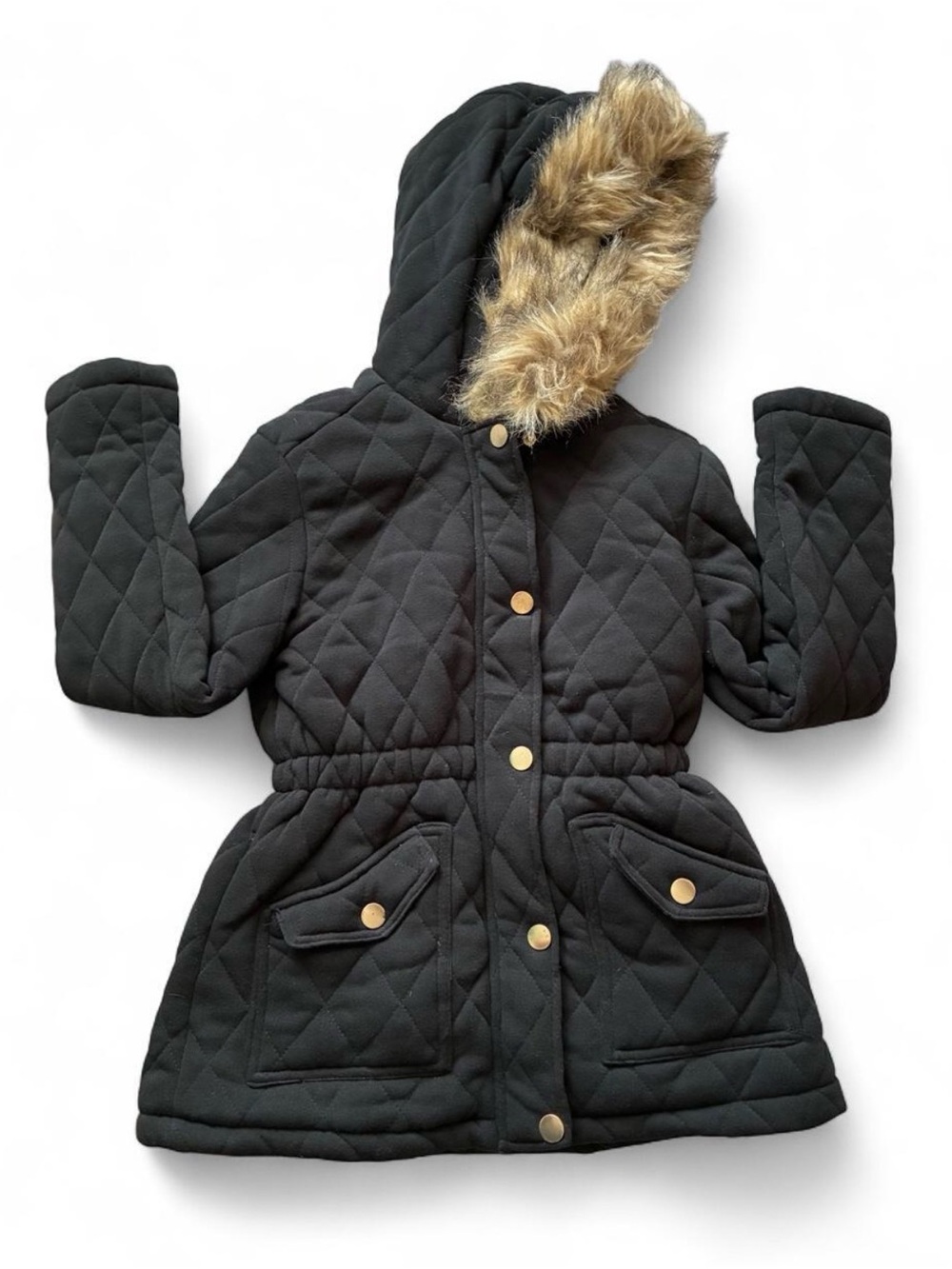 Justice Quilted Black Hooded Puffer Coat with Faux Fur Trim